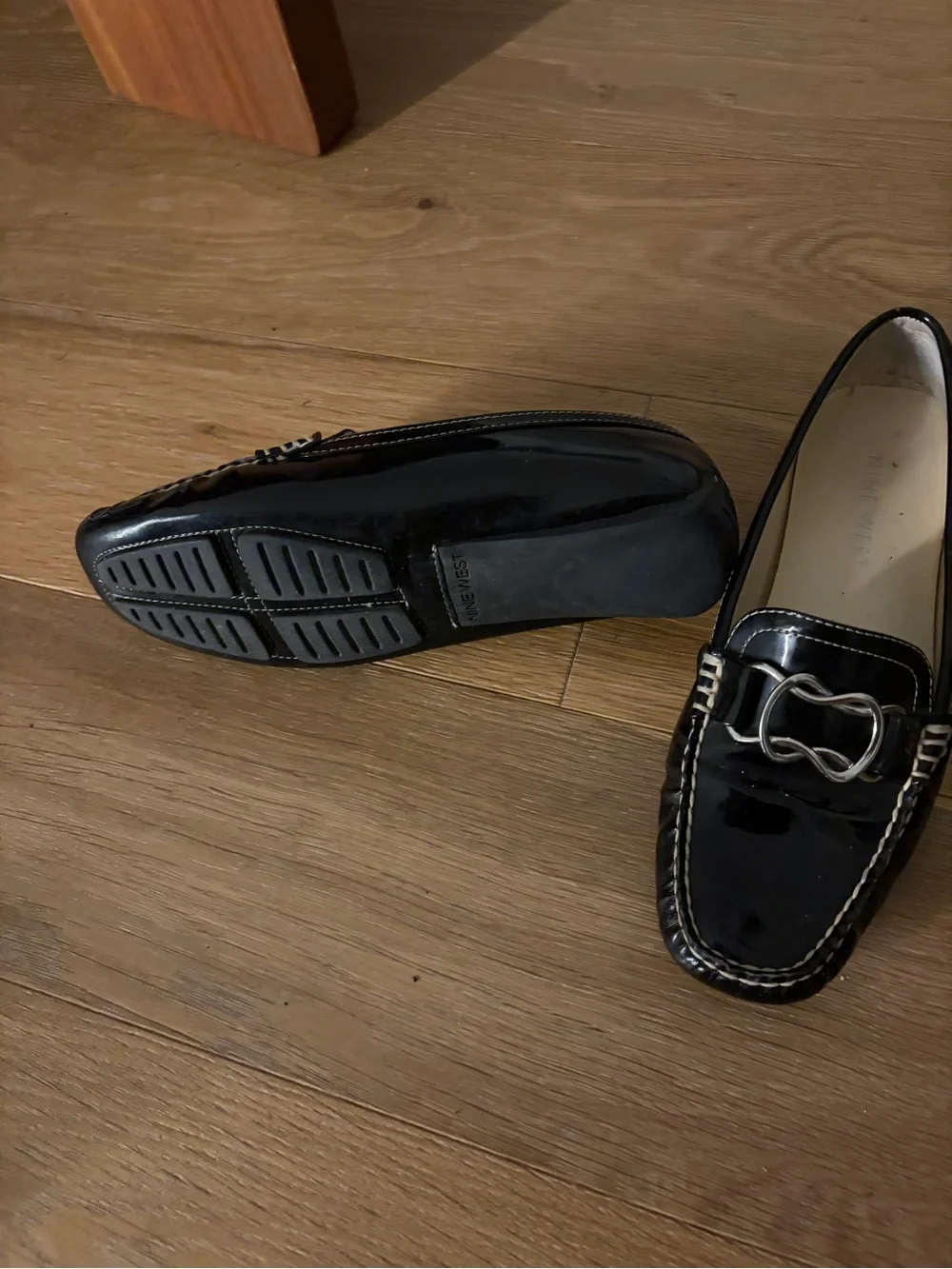 Nine West Black Patent Loafers with Silver Buckle Accent